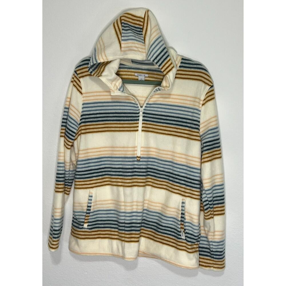 O'Neill Striped Fleece Pullover Hoodie 1/4 Zip Pockets Coastal Beach Cozy Casual